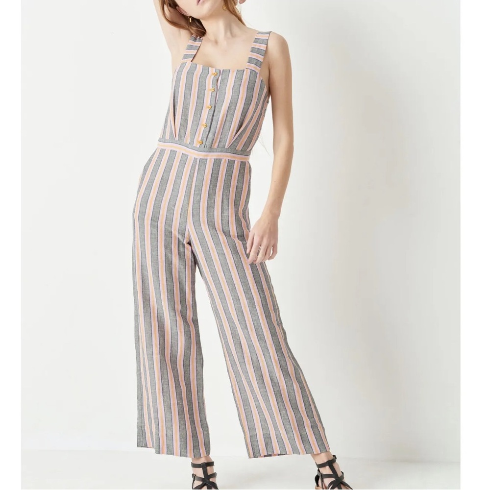 NWT Sessun Sz 10 (40) Bellevue Linen Blend Colorful Crop Strip Wide Leg Jumpsuit